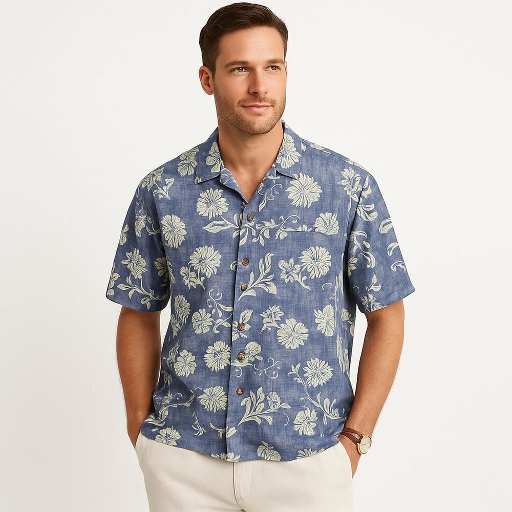 Tommy Bahama Silk Hawaiian Camp Shirt Indigo Floral (L) Coconut Buttons, Resort